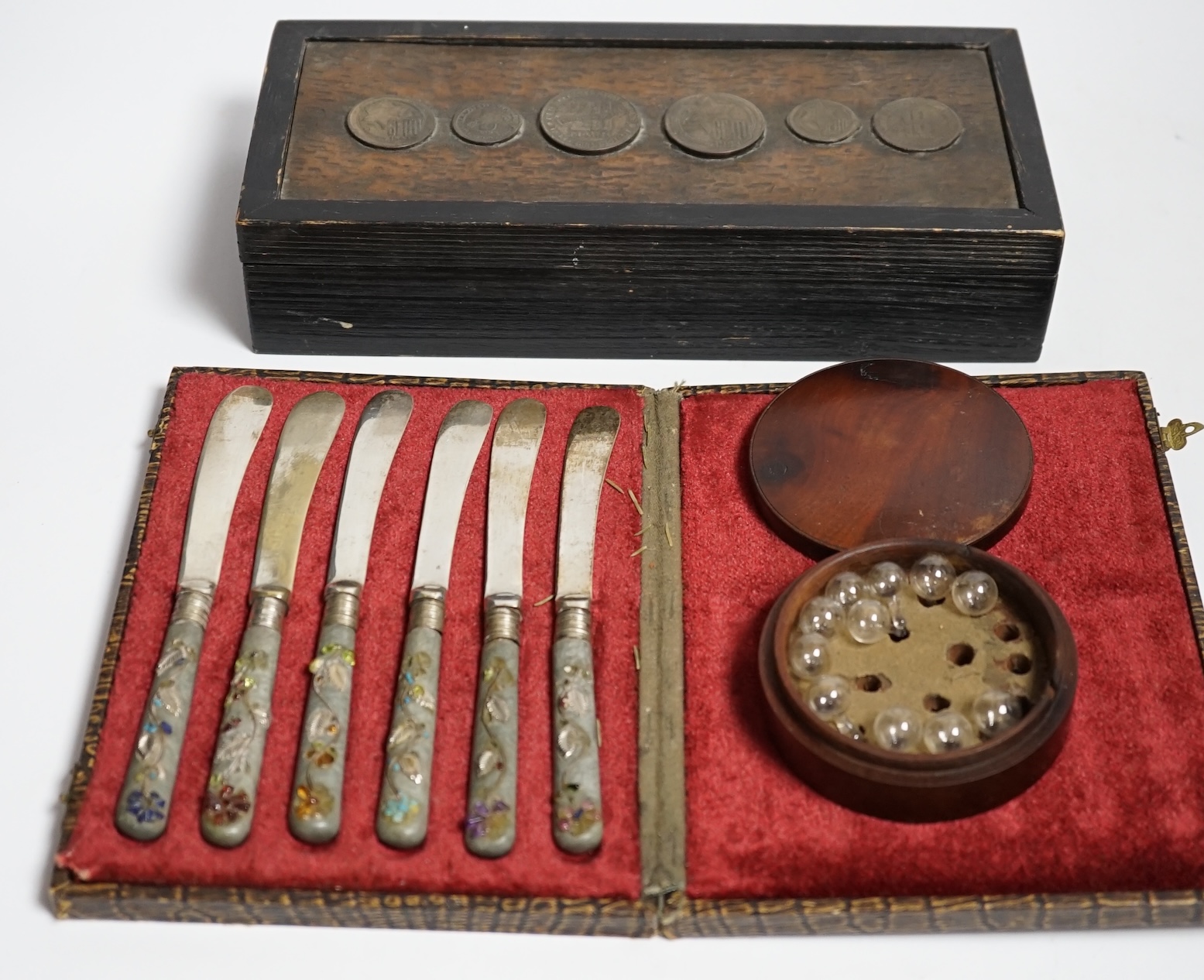 A. Marnony - a mathematical instrument, a copper lidded box and cased knives